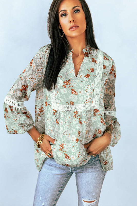 Floral Lace-Trim Balloon-Sleeve Blouse Sage