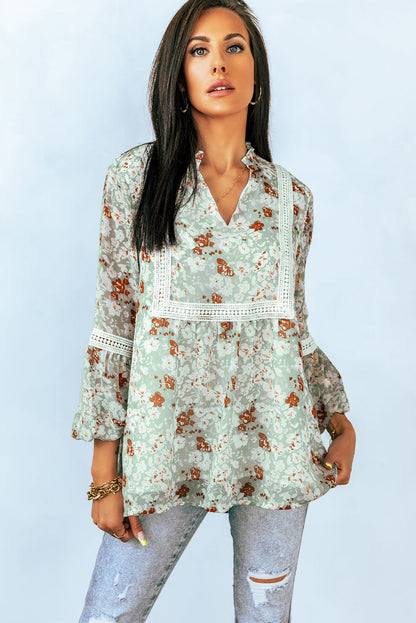 Floral Lace-Trim Balloon-Sleeve Blouse