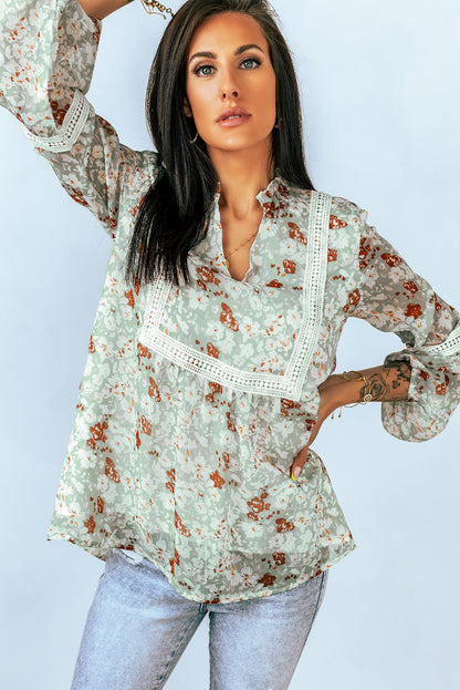 Floral Lace-Trim Balloon-Sleeve Blouse