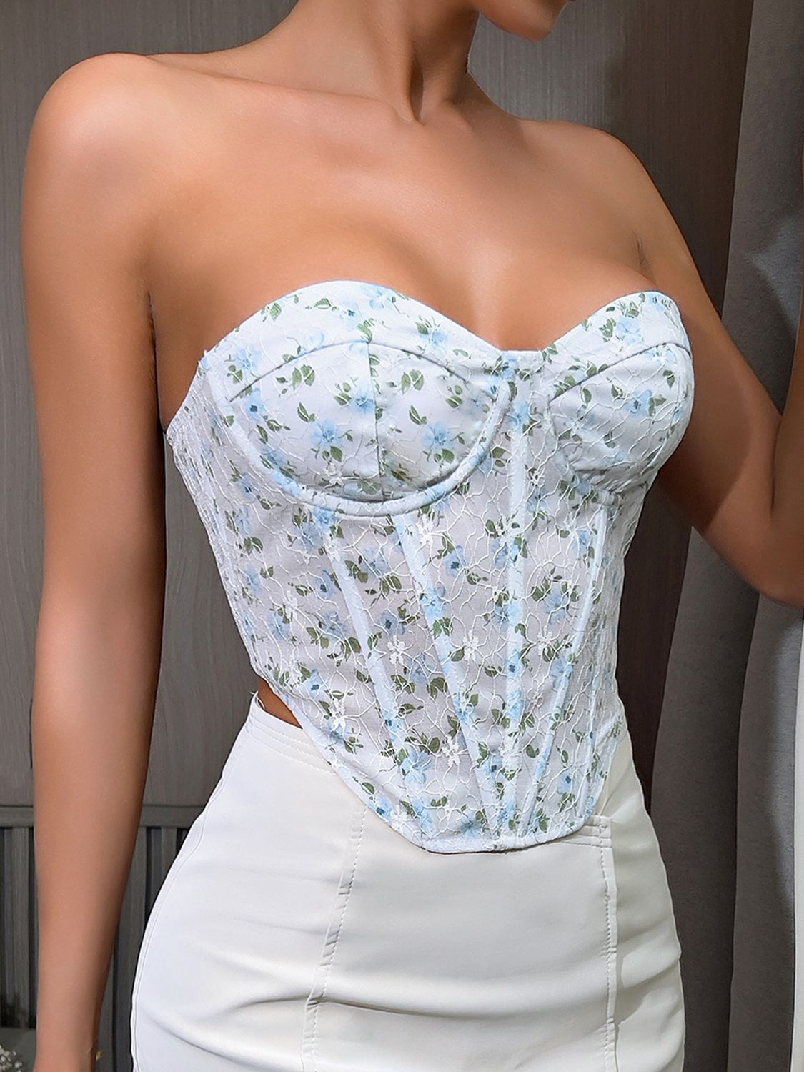 Floral Lace-Up Bustier Top