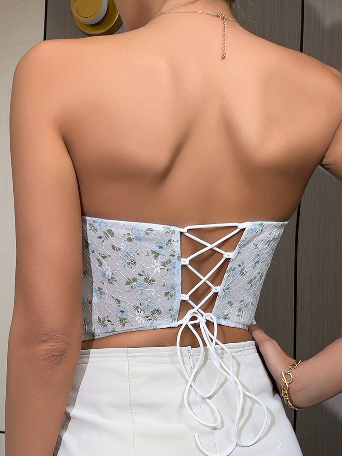Floral Lace-Up Bustier Top