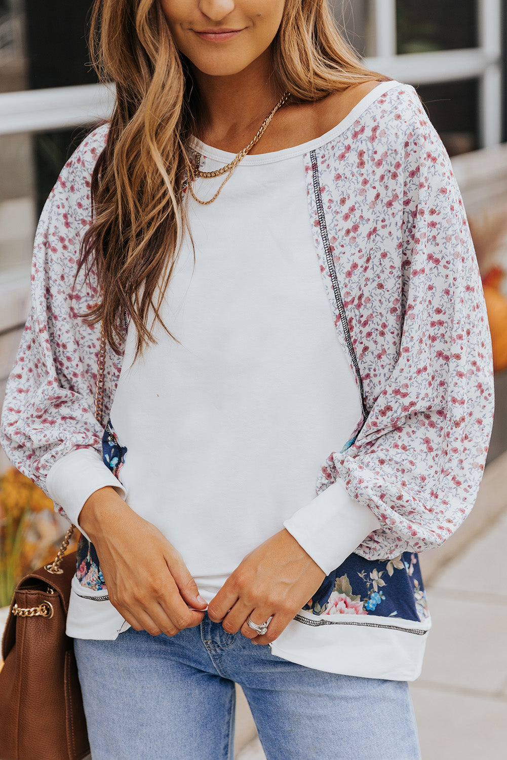 Floral Lantern-Sleeve Round-Neck Top