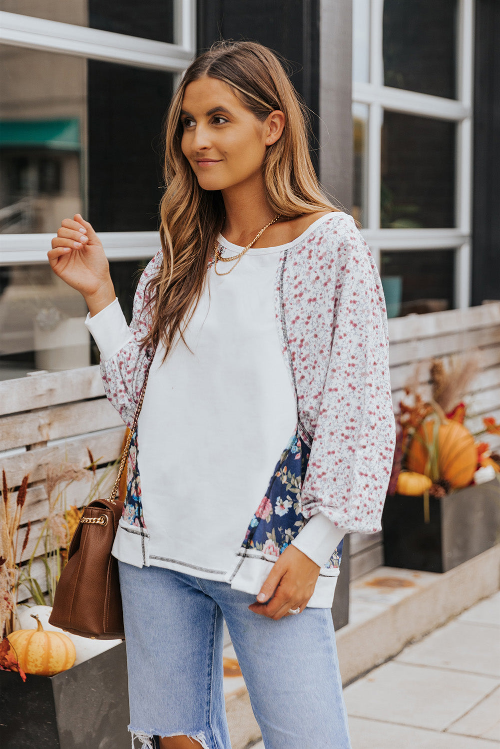 Floral Lantern-Sleeve Round-Neck Top