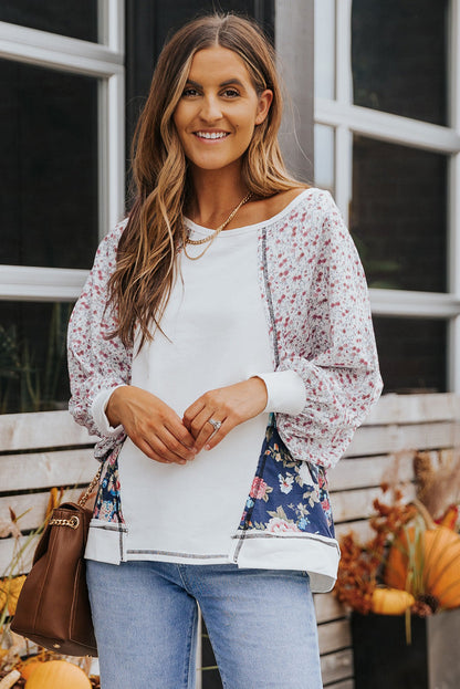 Floral Lantern-Sleeve Round-Neck Top White