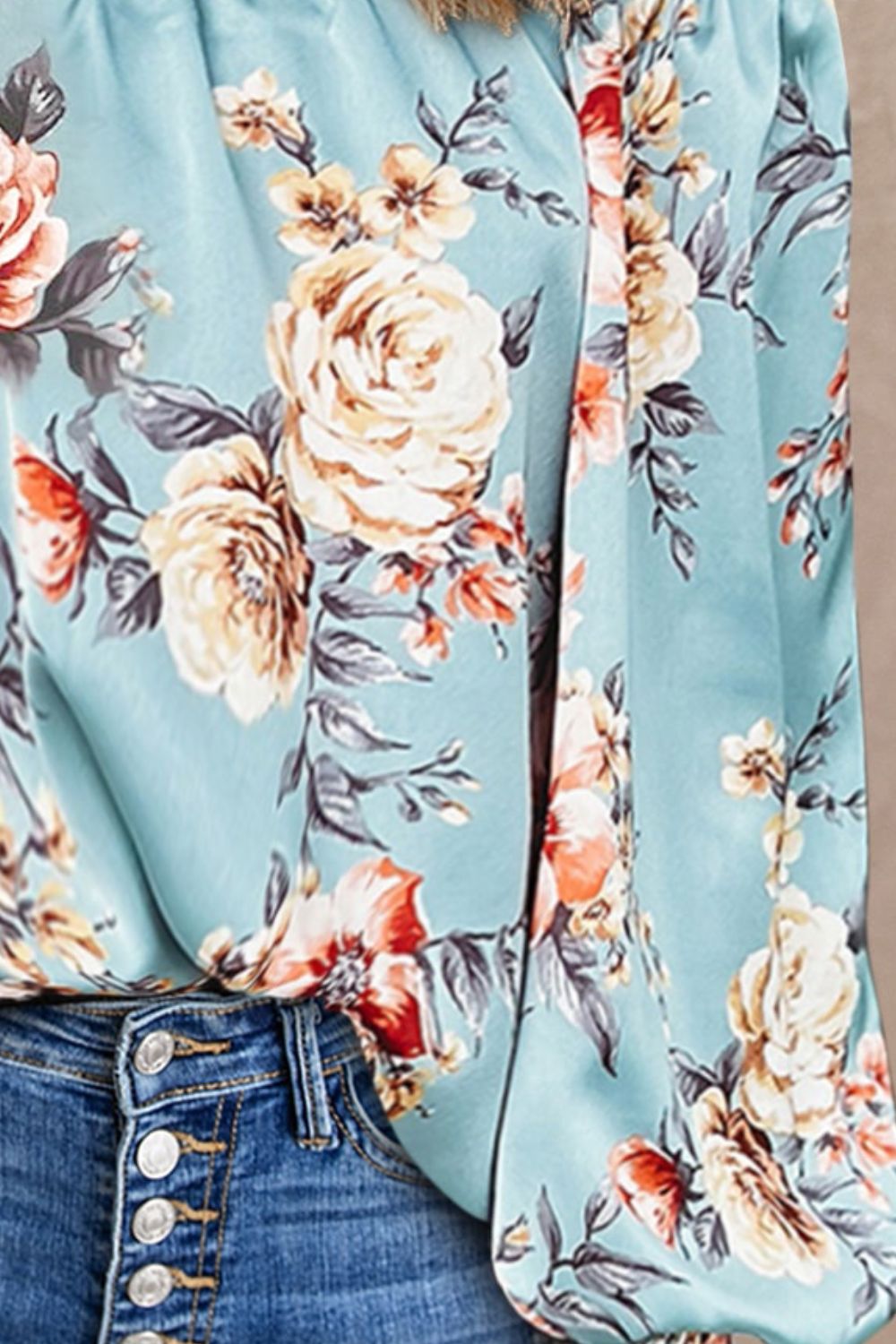 Floral Lantern-Sleeved Off-Shoulder Blouse with Frill Trim