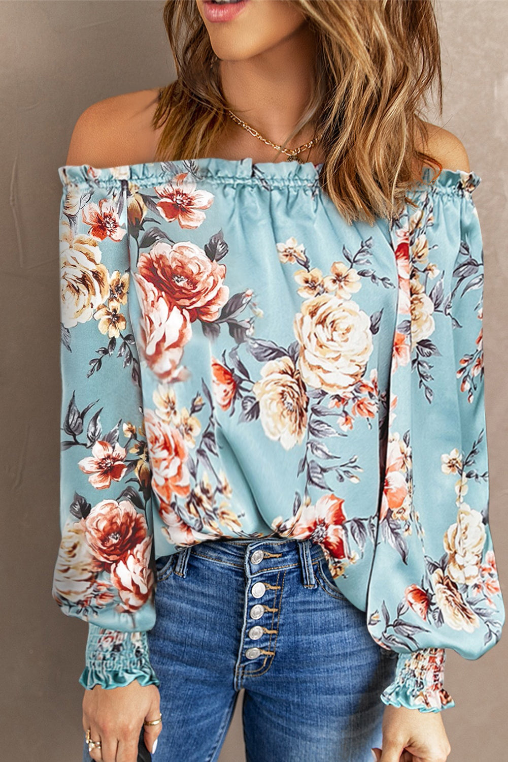 Floral Lantern-Sleeved Off-Shoulder Blouse with Frill Trim Sky Blue