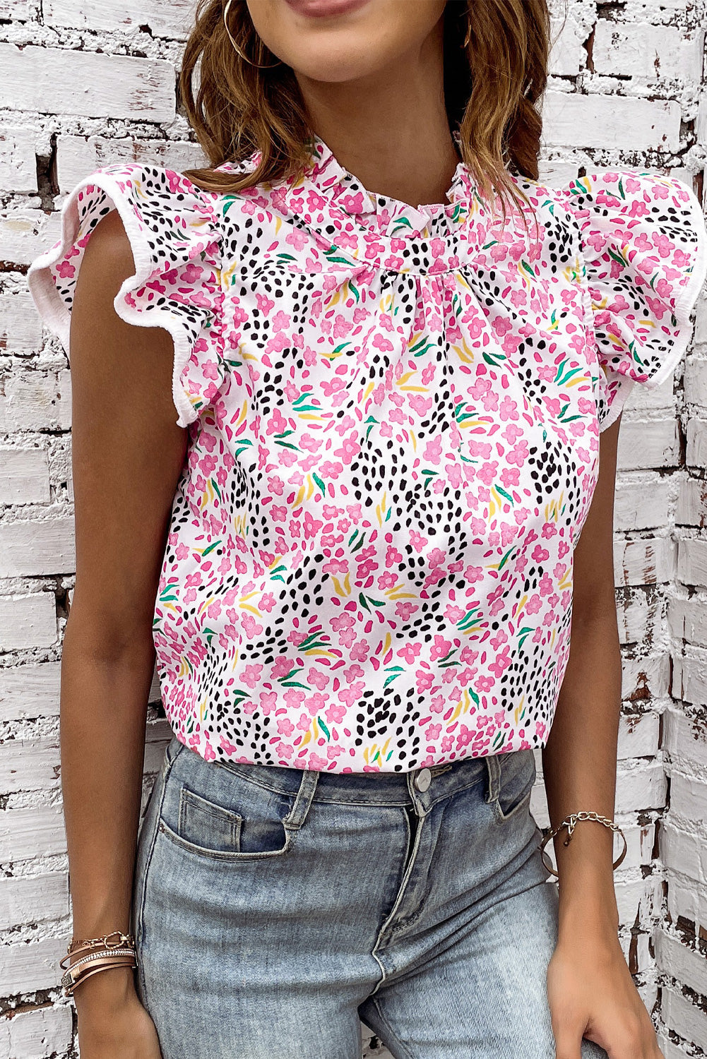 Floral Mock Neck Blouse with Short Sleeves