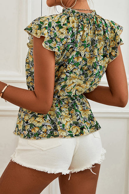 Floral Mock-Neck Flutter-Sleeve Peplum Top