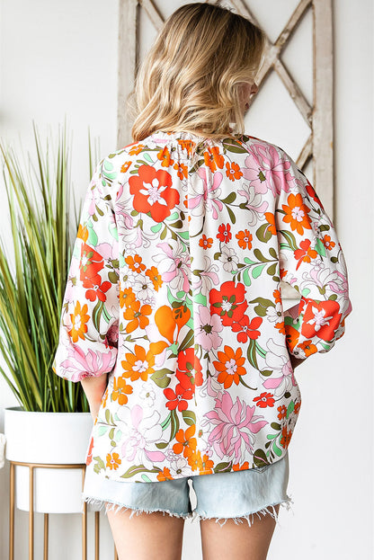 Floral Notched Neck Balloon Sleeve Top