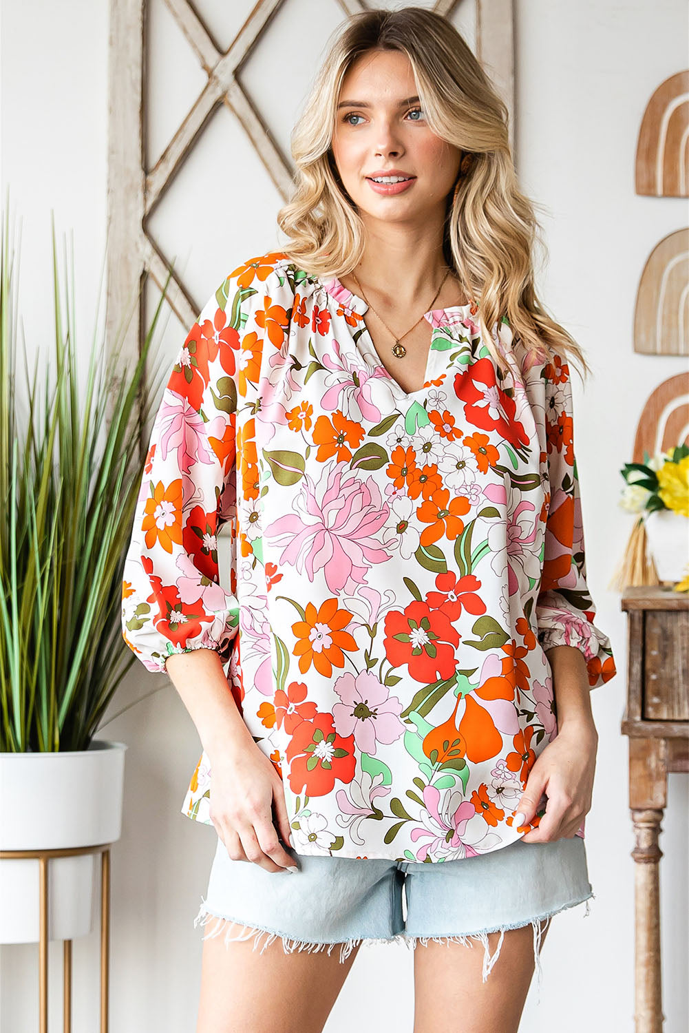 Floral Notched Neck Balloon Sleeve Top Floral