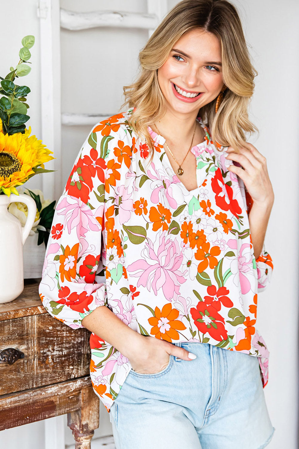 Floral Notched Neck Balloon Sleeve Top