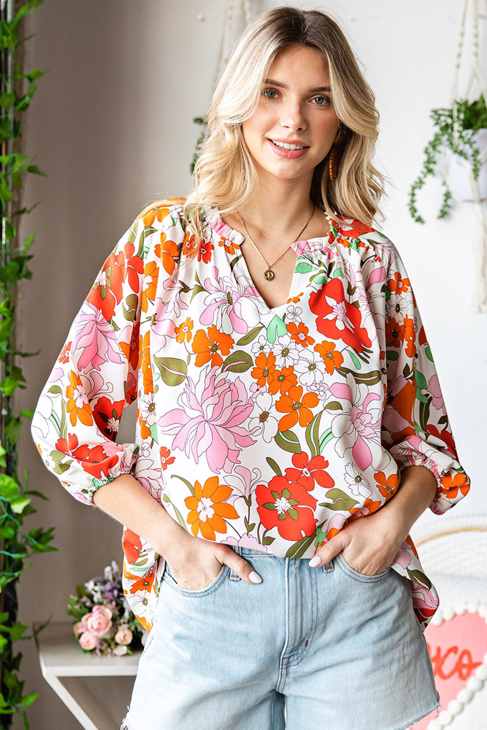 Floral Notched Neck Balloon Sleeve Top