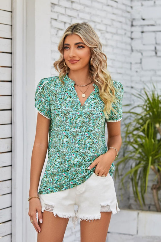 Floral Notched Neck Top Light Green