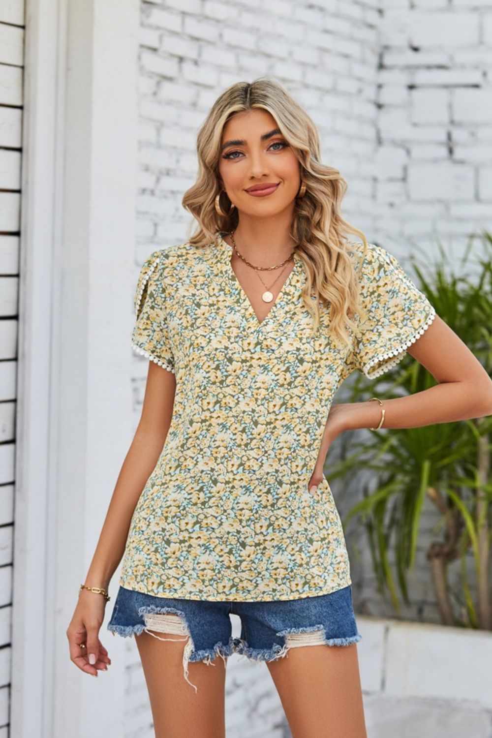 Floral Notched Neck Top Pastel Yellow