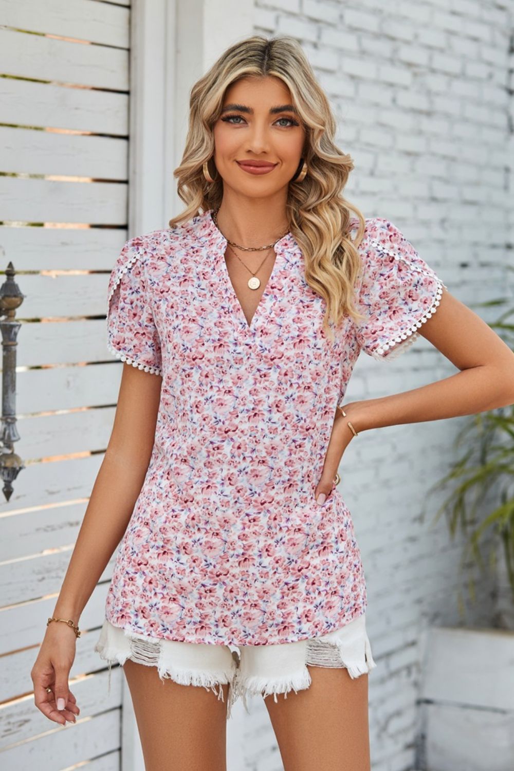 Floral Notched Neck Top Blush Pink