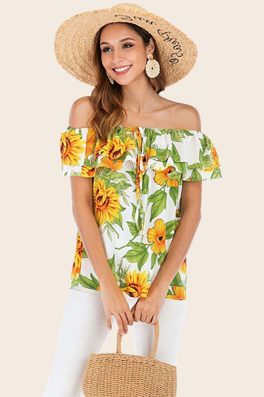 Floral Off-Shoulder Layered Blouse with Delicate Ruffle Hem Floral