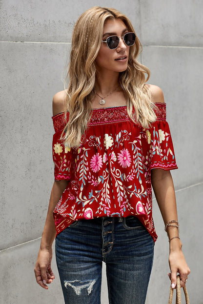 Floral Off-the-Shoulder Blouse Deep Red