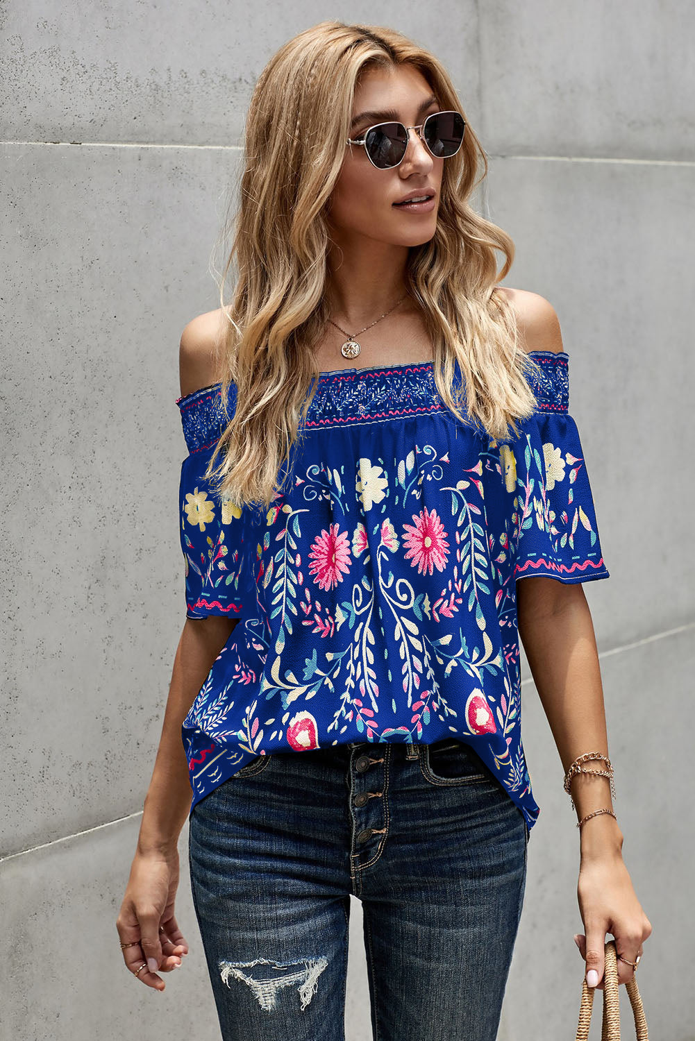 Floral Off-the-Shoulder Blouse Royal Blue