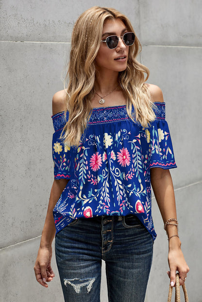 Floral Off-the-Shoulder Blouse Royal Blue