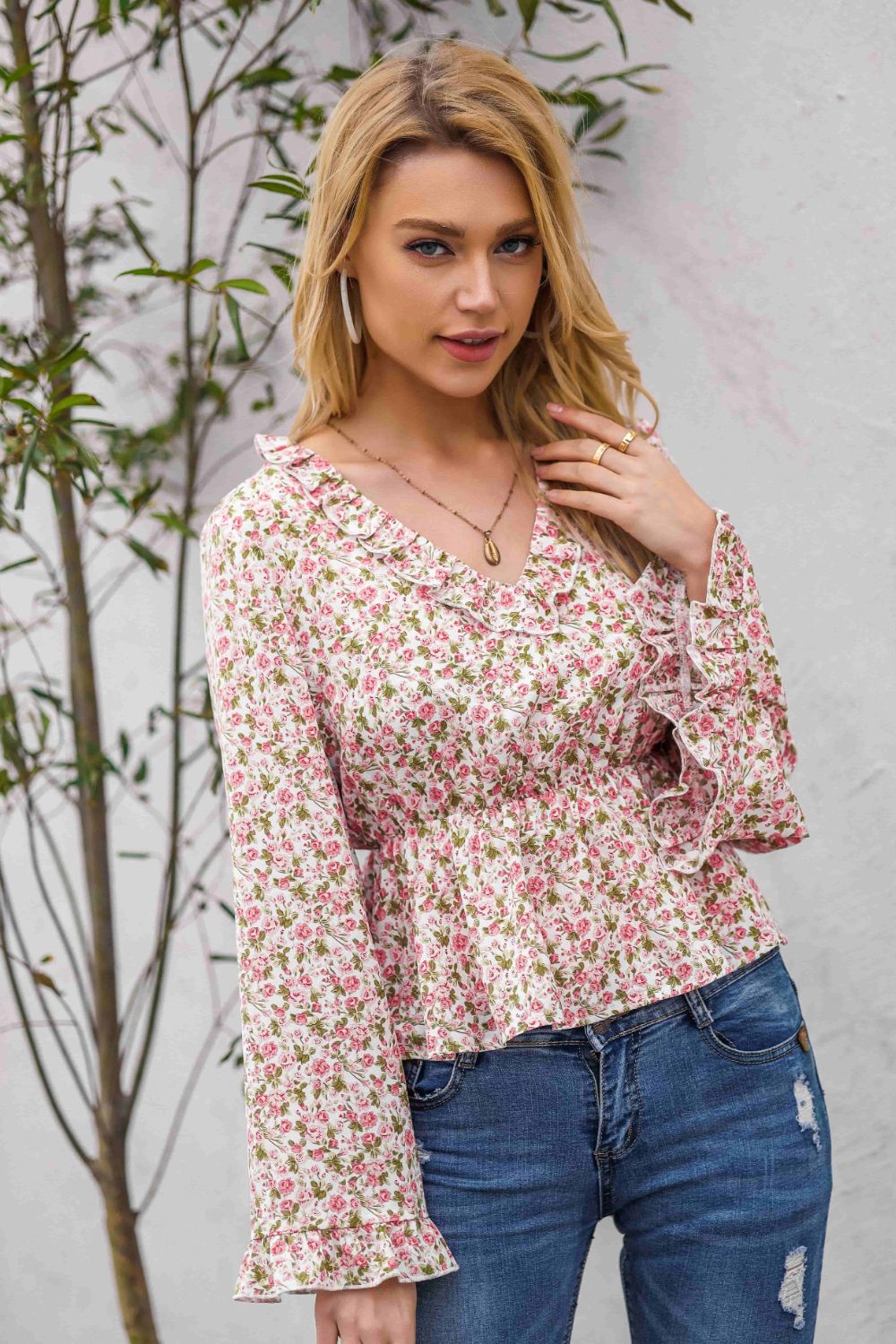 Floral Peplum Blouse with Ruffled V-Neck Floral