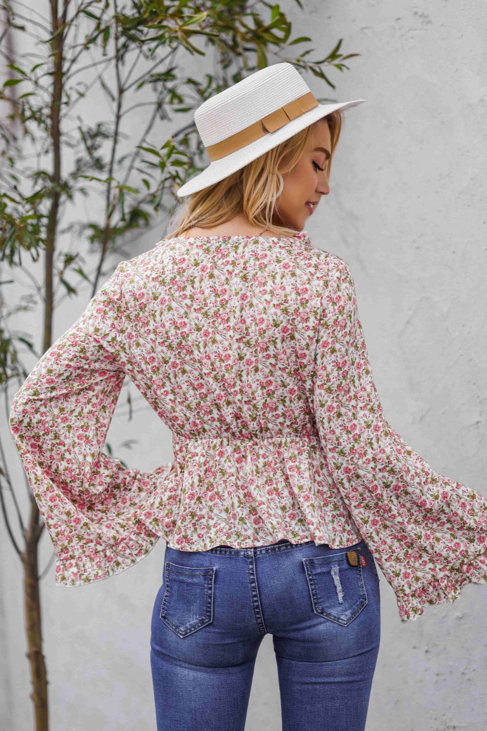 Floral Peplum Blouse with Ruffled V-Neck