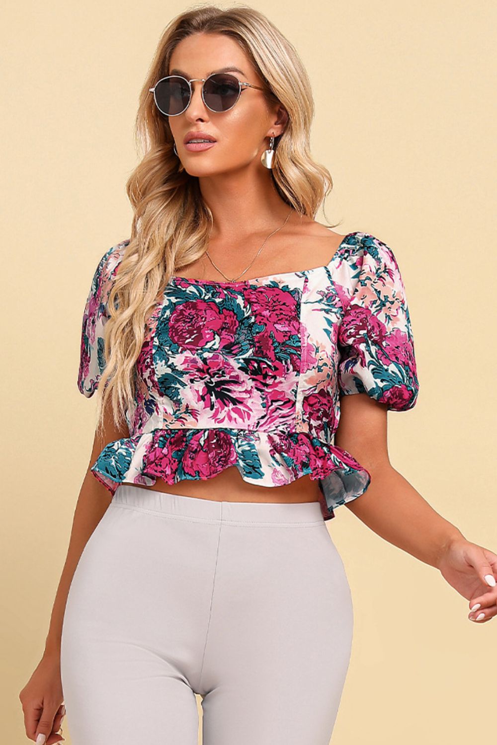 Floral Peplum Blouse with Tie-Waist