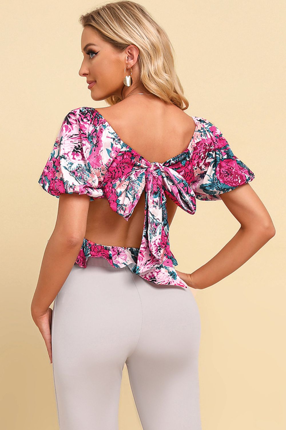 Floral Peplum Blouse with Tie-Waist