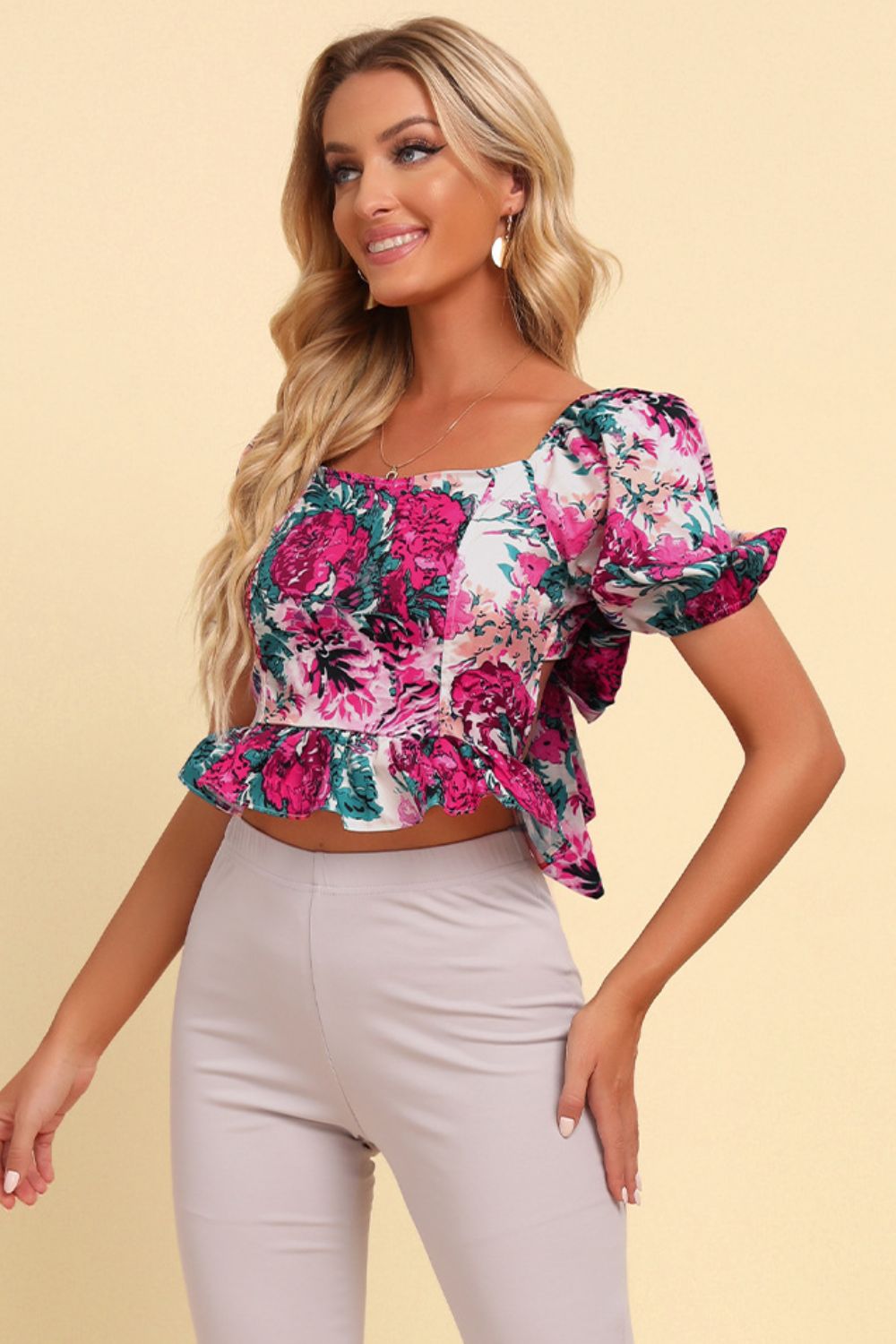 Floral Peplum Blouse with Tie-Waist