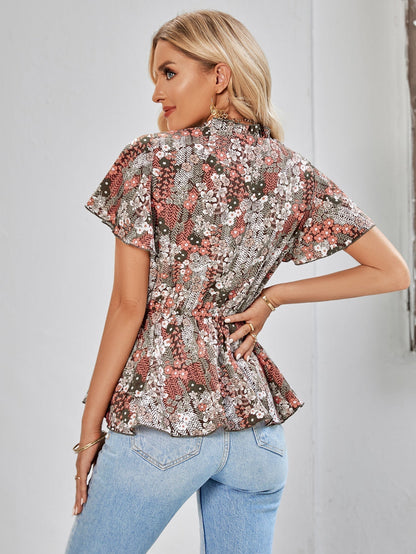 Floral Peplum Flutter-Sleeved Blouse