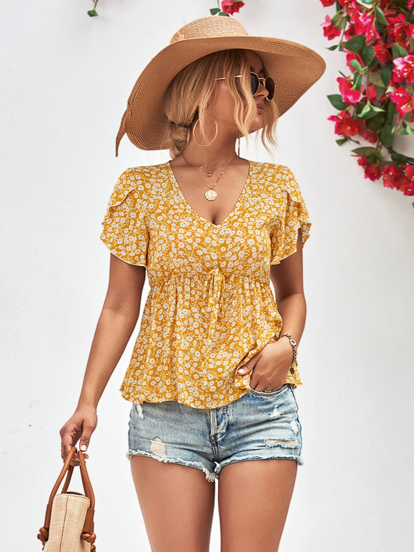 Floral Petal-Sleeved Babydoll Top Mustard