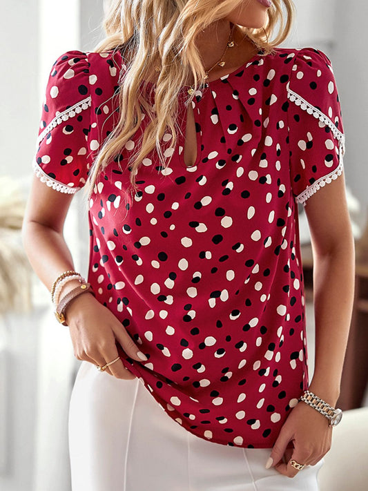 Floral Print Petal Sleeve Round Neck Blouse Deep Red