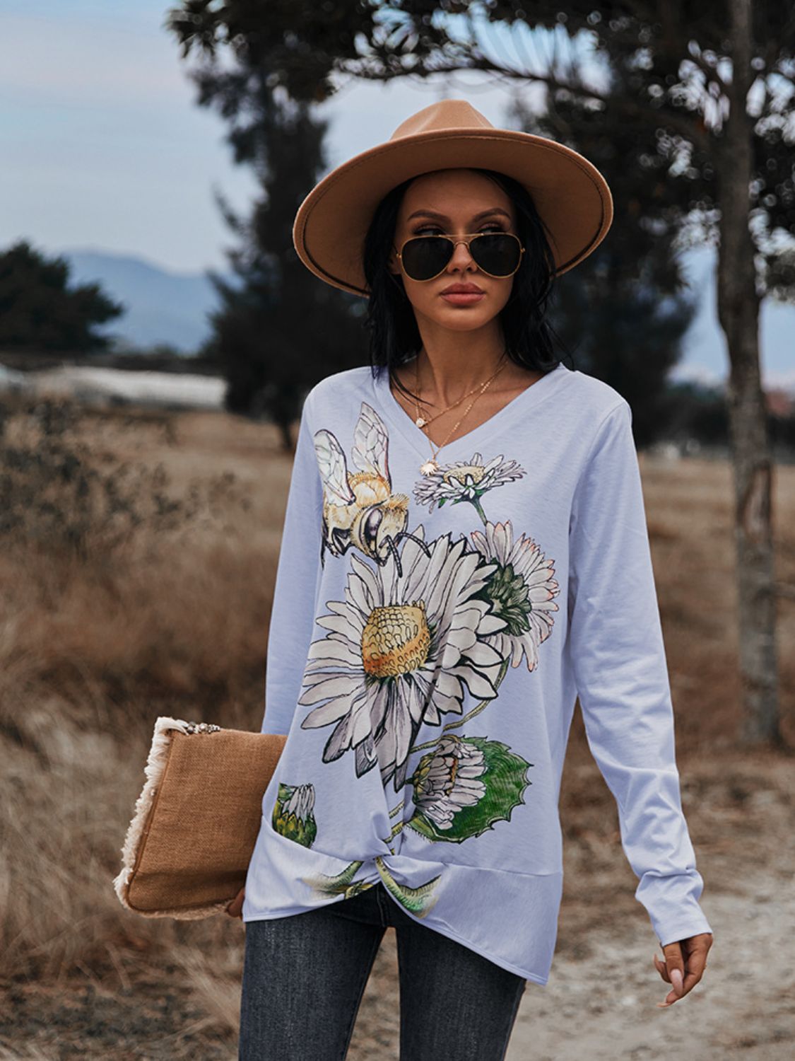 Floral Print Twisted V-Neck Long Sleeve Women's Tee Misty Blue