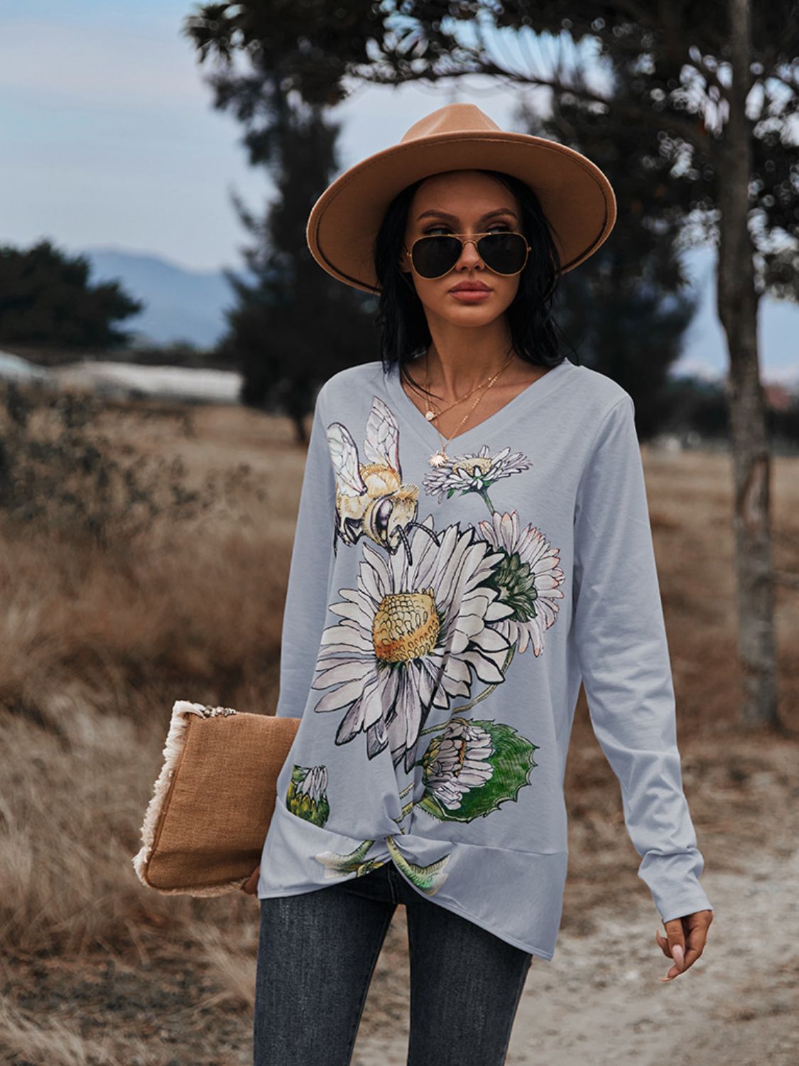 Floral Print Twisted V-Neck Long Sleeve Women's Tee Cloudy Blue