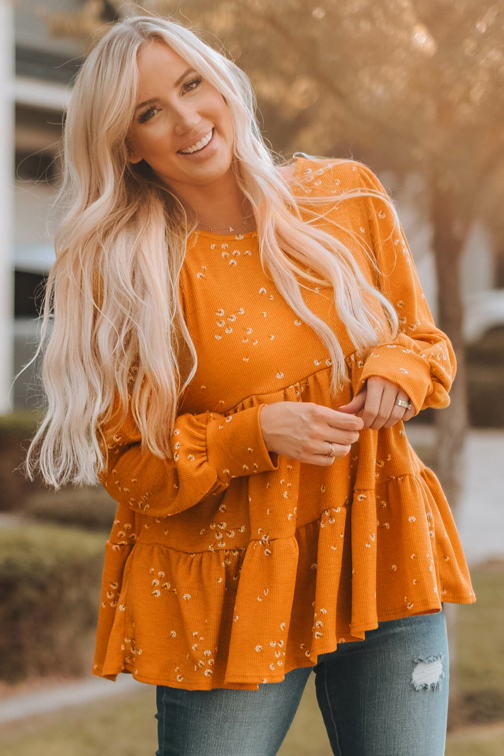 Floral Puff-Sleeved Round-Neck Babydoll Top Orange