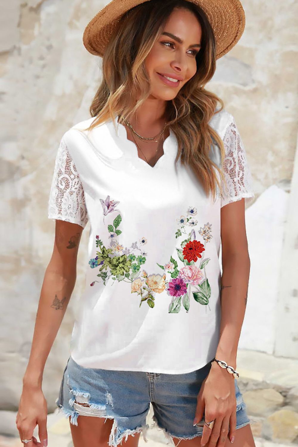 Floral Scalloped V-Neck Top with Graphic Print