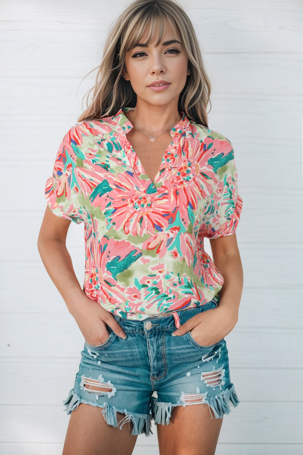 Floral Short-Sleeved Notched Neck Top Peach L