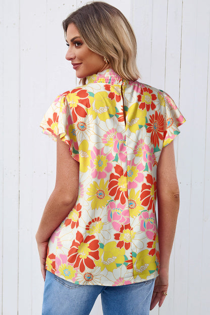 Floral Smocked Flutter-Sleeved Blouse with Frill Neck