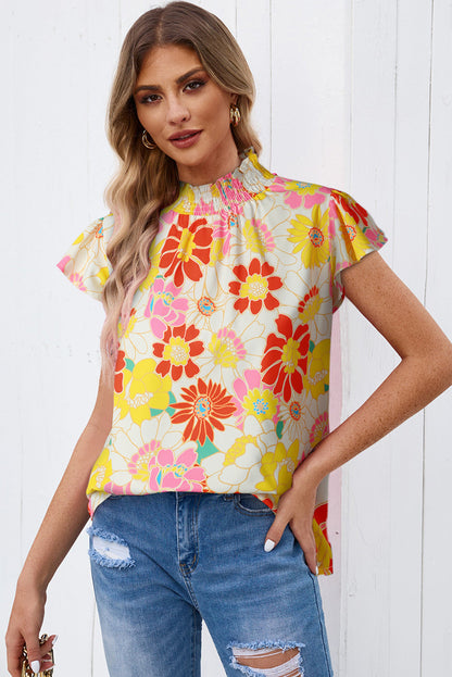 Floral Smocked Flutter-Sleeved Blouse with Frill Neck