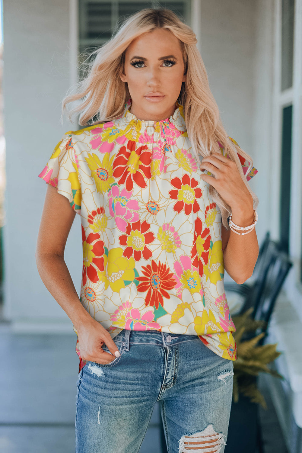 Floral Smocked Flutter-Sleeved Blouse with Frill Neck Floral