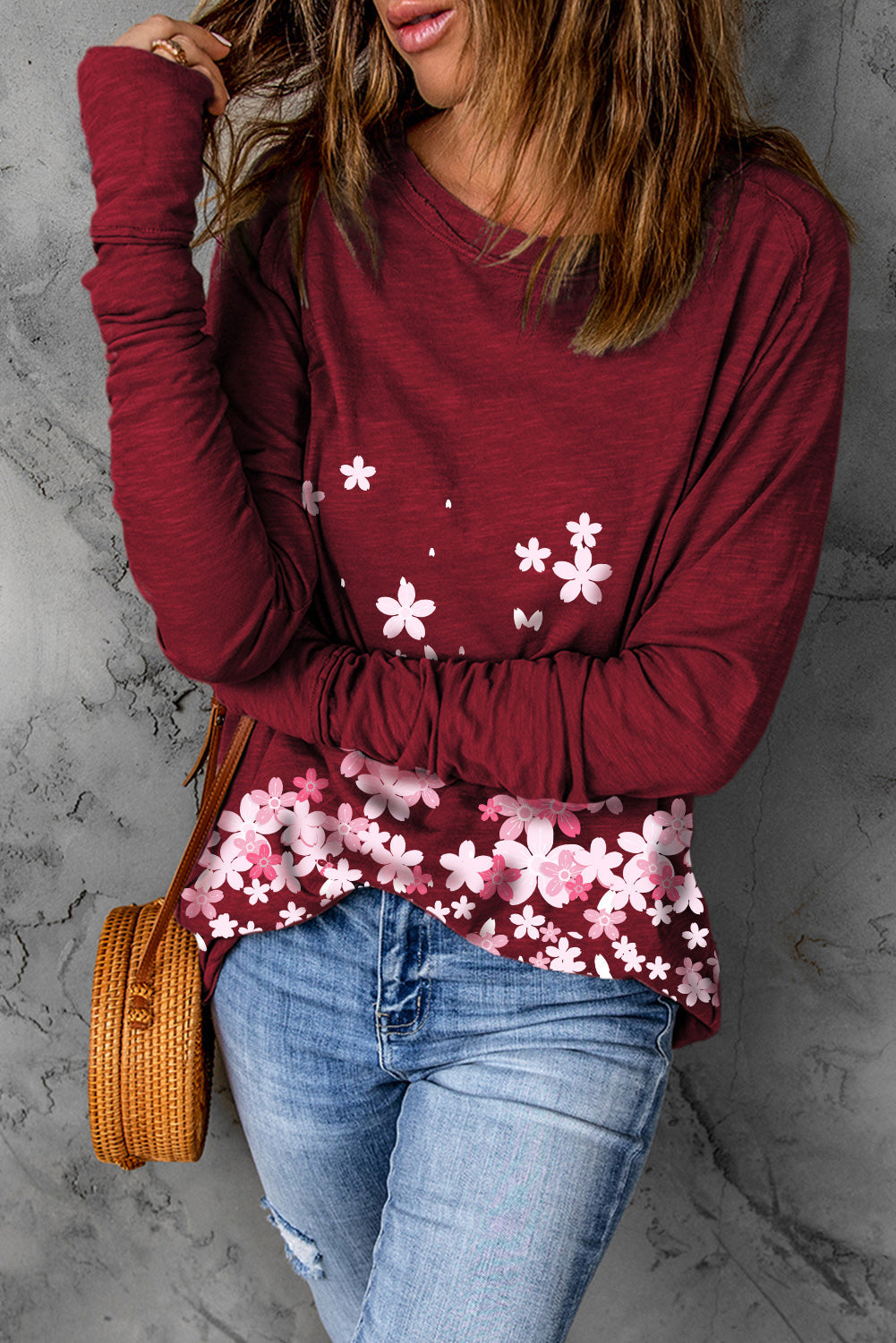 Floral Thumbhole Sleeve Round Neck Top