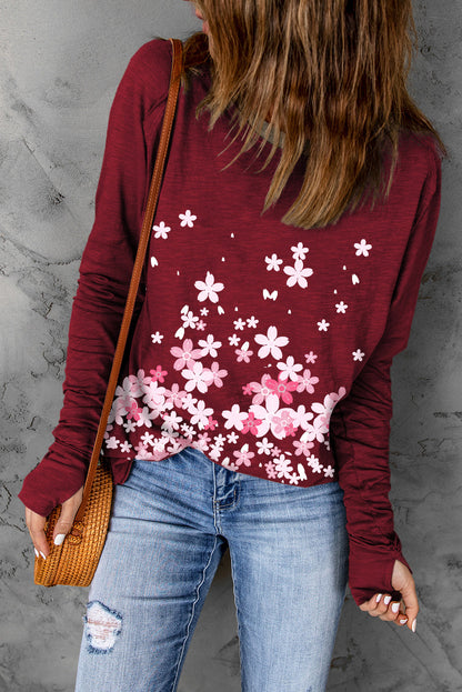 Floral Thumbhole Sleeve Round Neck Top Wine