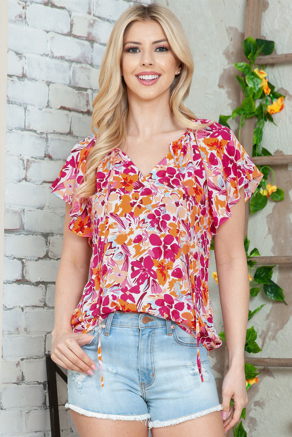 Floral Tie-Neck Flutter Sleeve Blouse with Ruffle Hem Multicolor