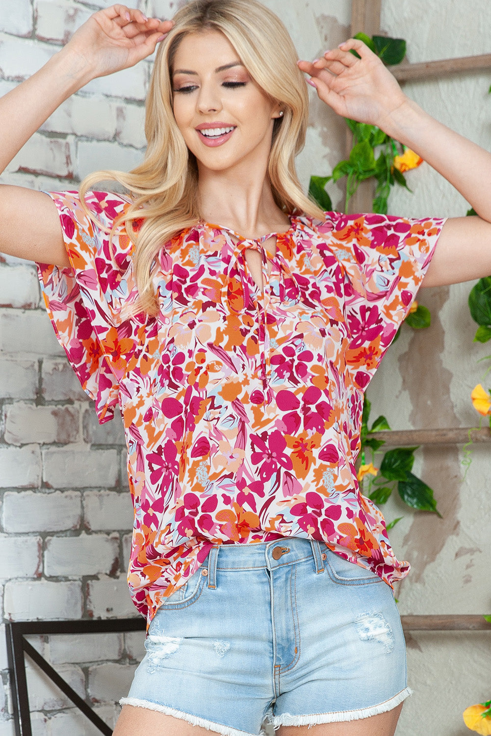 Floral Tie-Neck Flutter Sleeve Blouse with Ruffle Hem