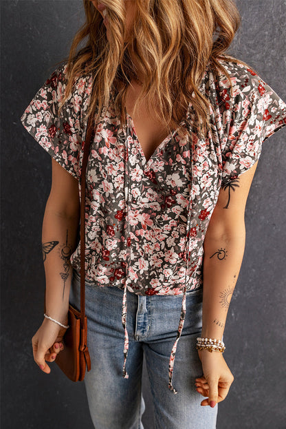 Floral Tie-Neck Flutter-Sleeved Blouse