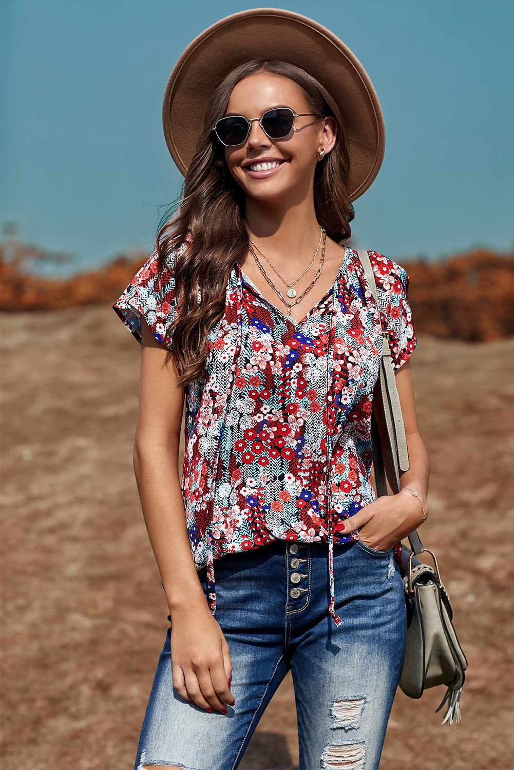 Floral Tie-Neck Flutter-Sleeved Blouse Deep Red