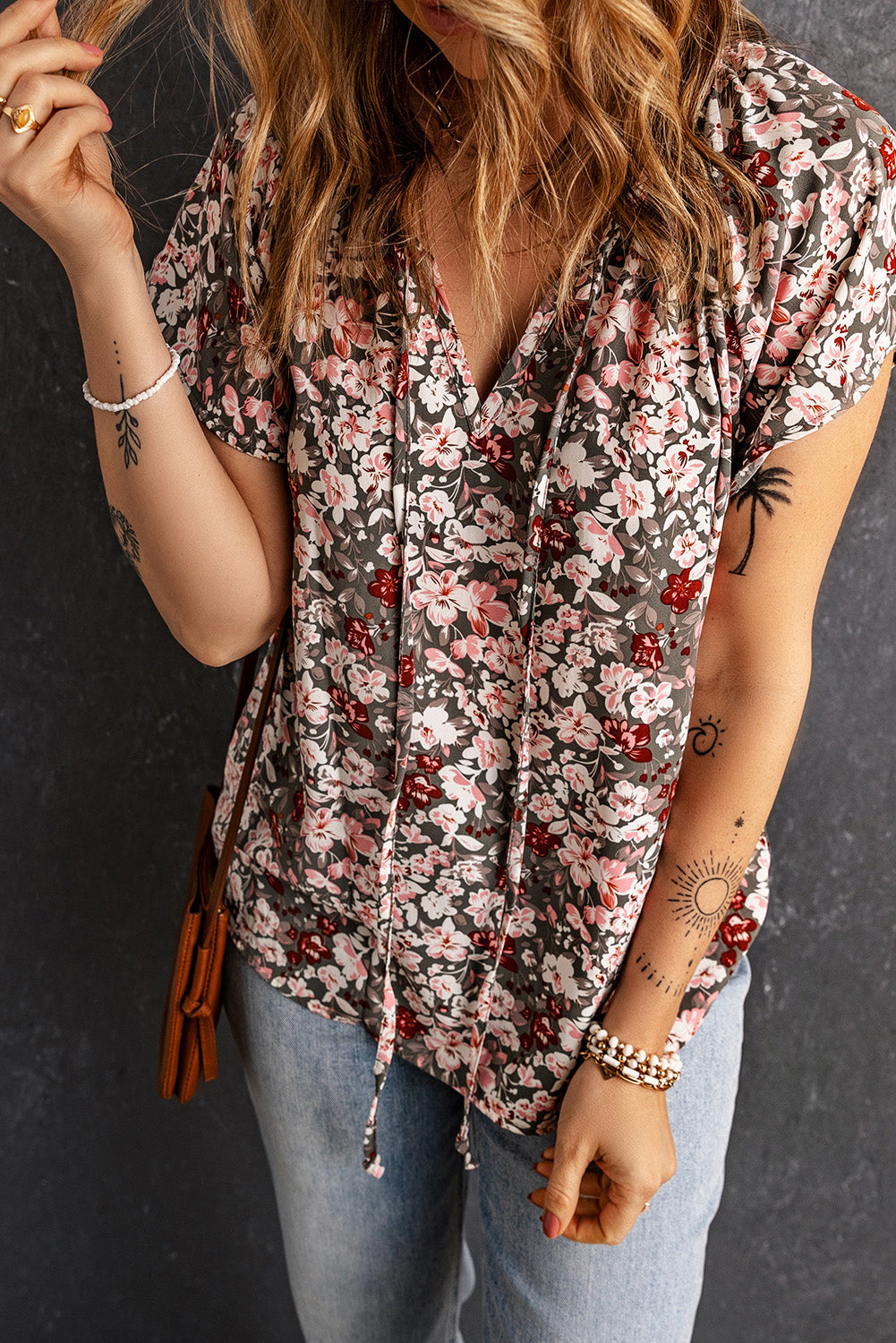 Floral Tie-Neck Flutter-Sleeved Blouse Multi