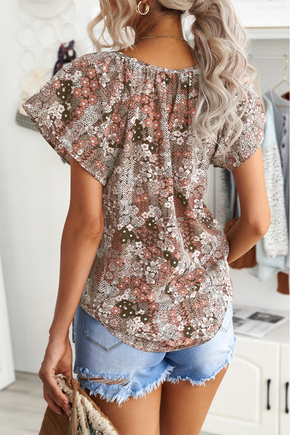 Floral Tie-Neck Flutter-Sleeved Blouse