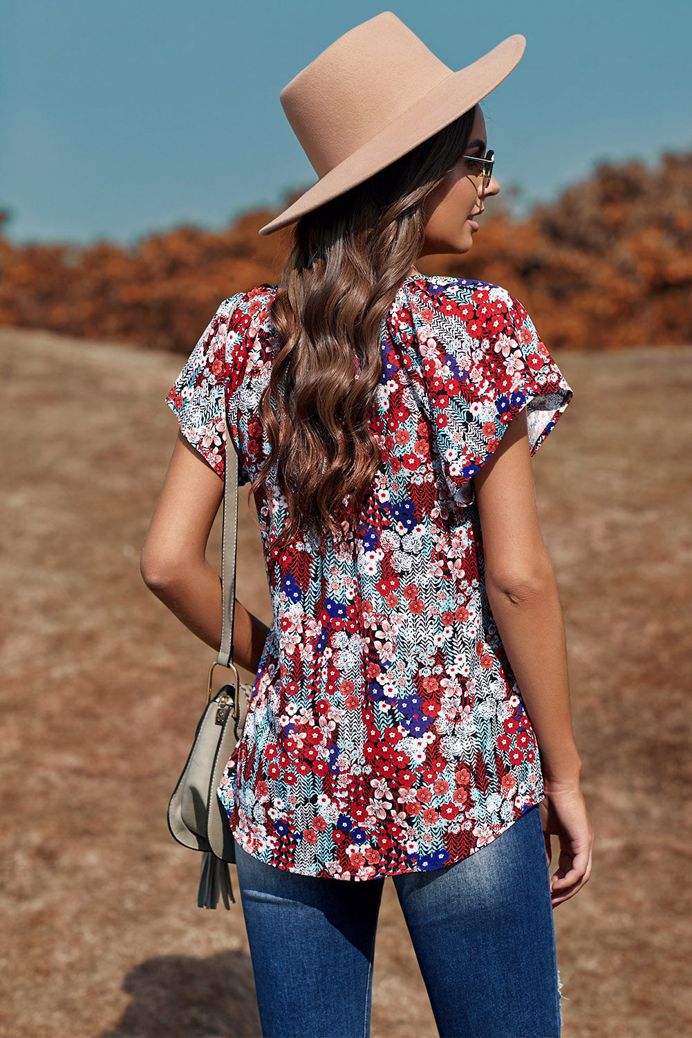 Floral Tie-Neck Flutter-Sleeved Blouse