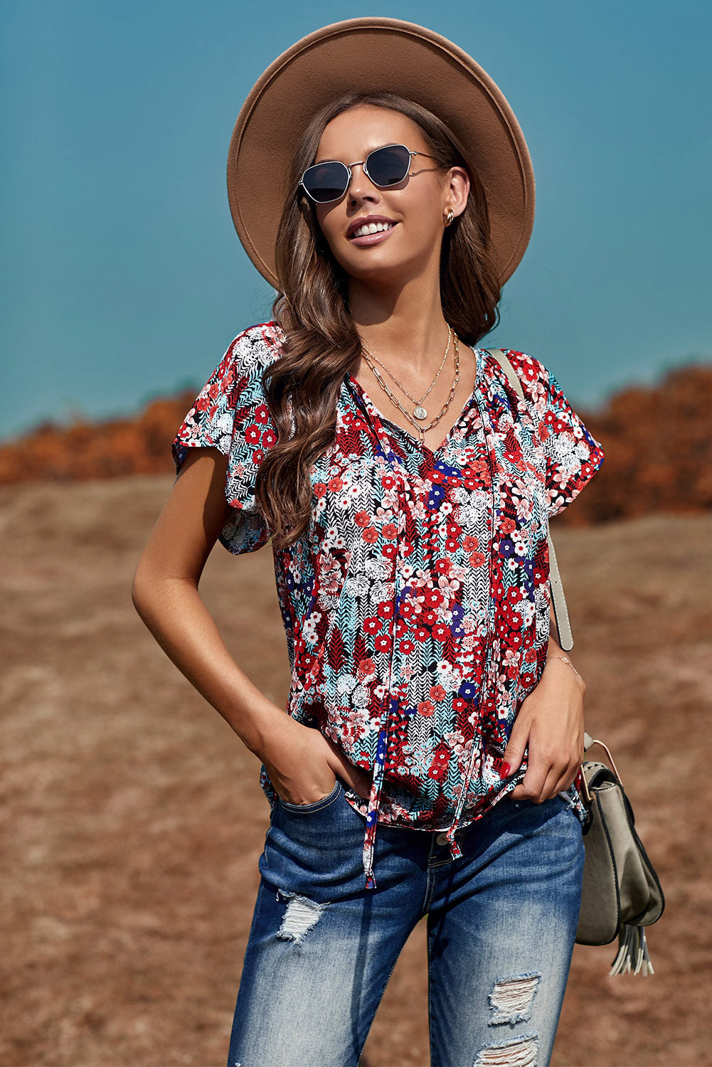 Floral Tie-Neck Flutter-Sleeved Blouse