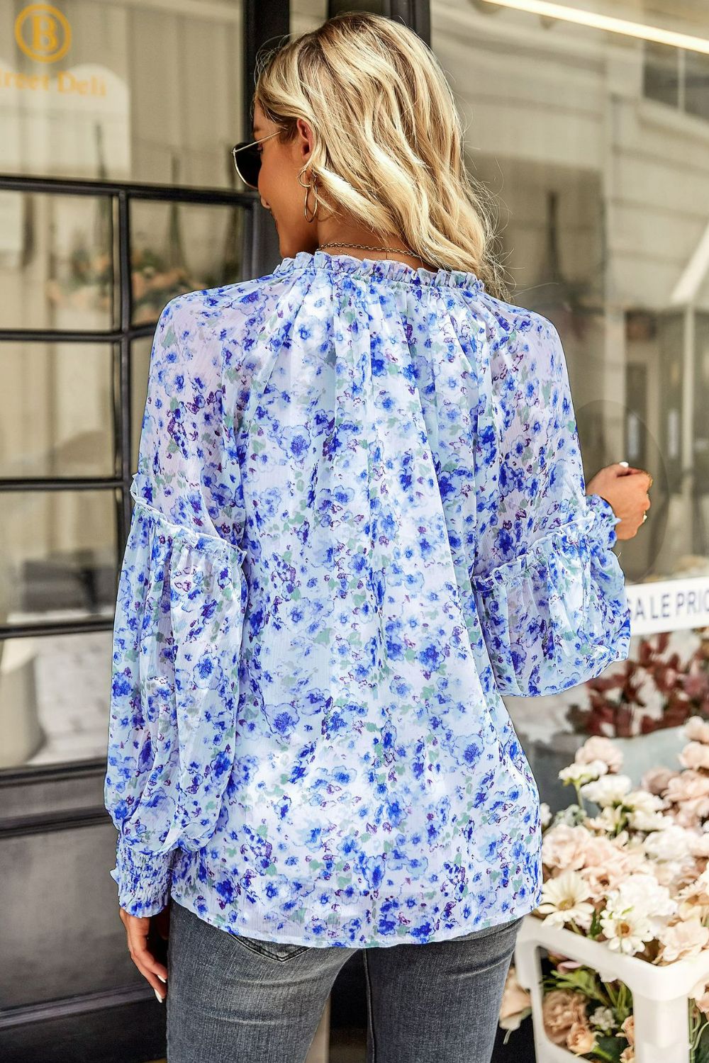 Floral Tie-Neck Lantern Sleeve Blouse with Ruched Waist